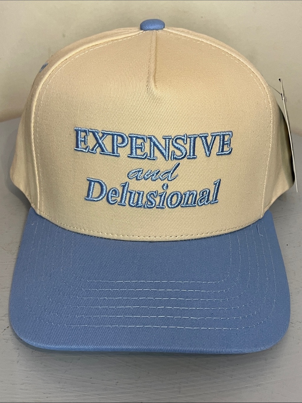 C.C EXPENSIVE AND DELUSIONAL Canvas Snap Back Cap - Cream with Blue Brim NEW